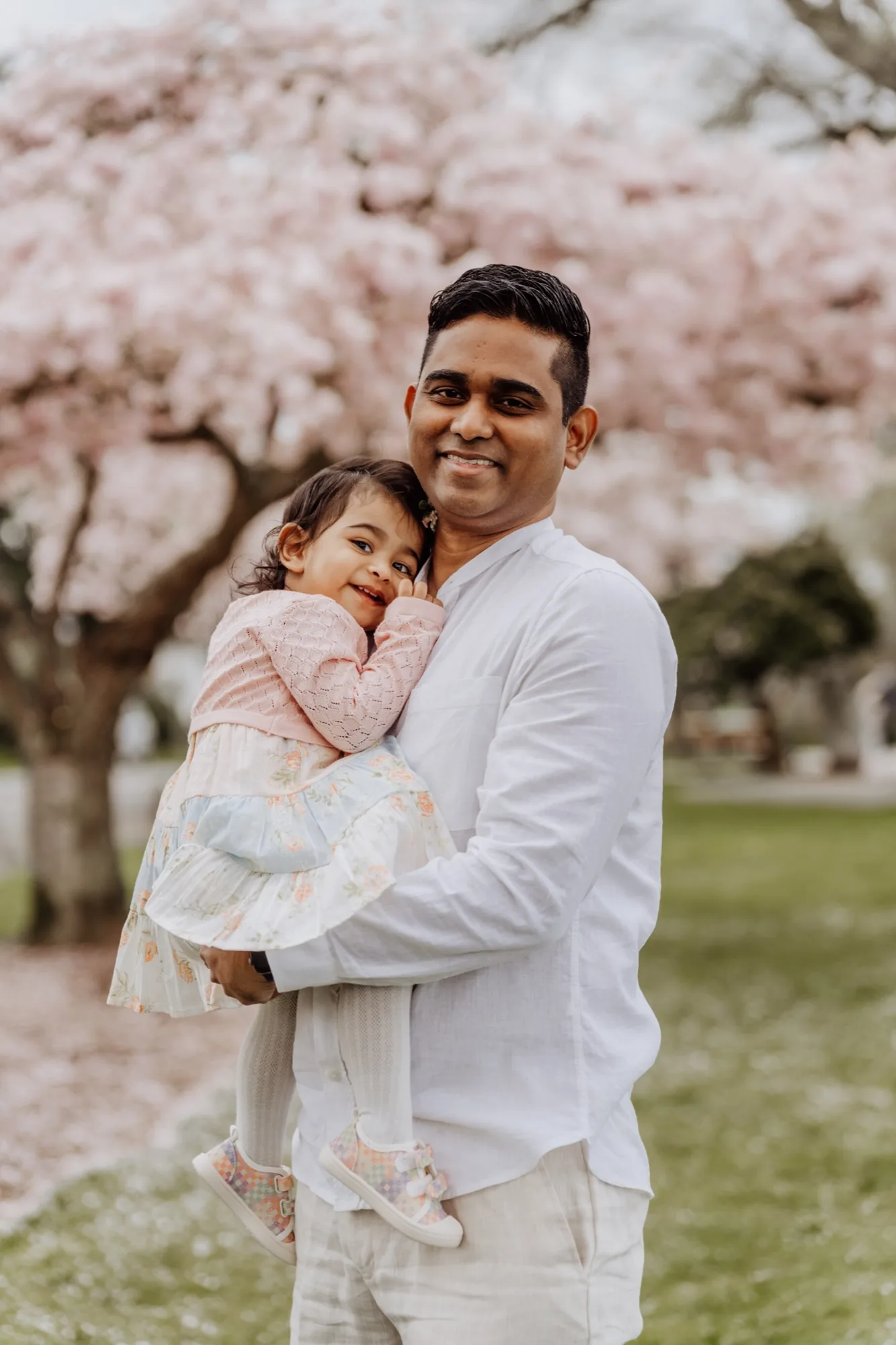 Father and daughter under cherry blossoms during a Lynnwood family session