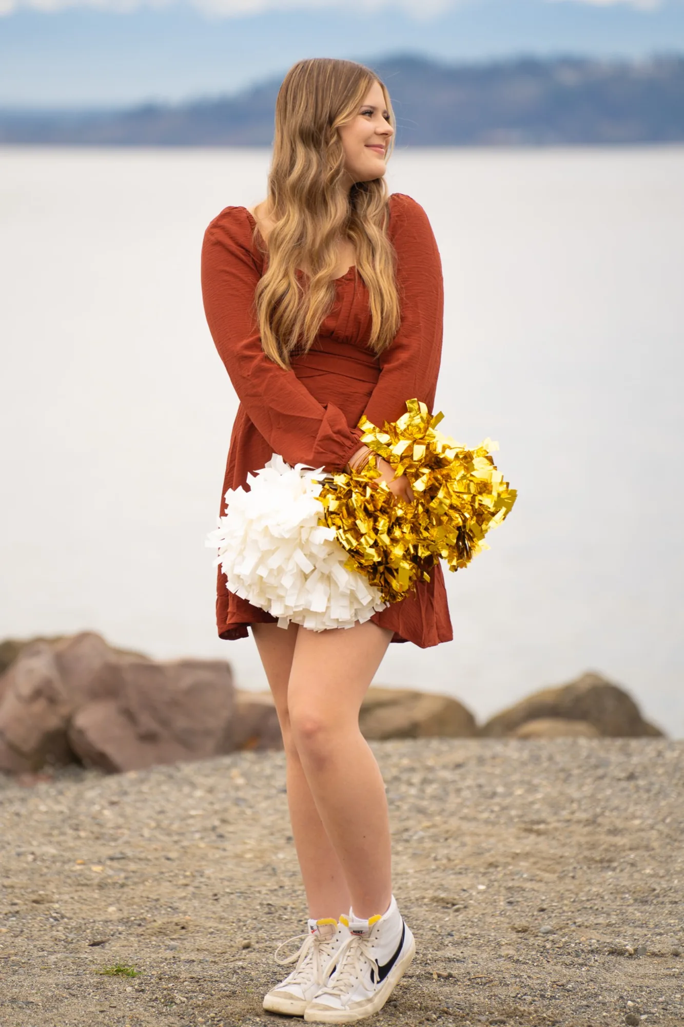 Senior cheerleader portrait session at beach in Snohomish County