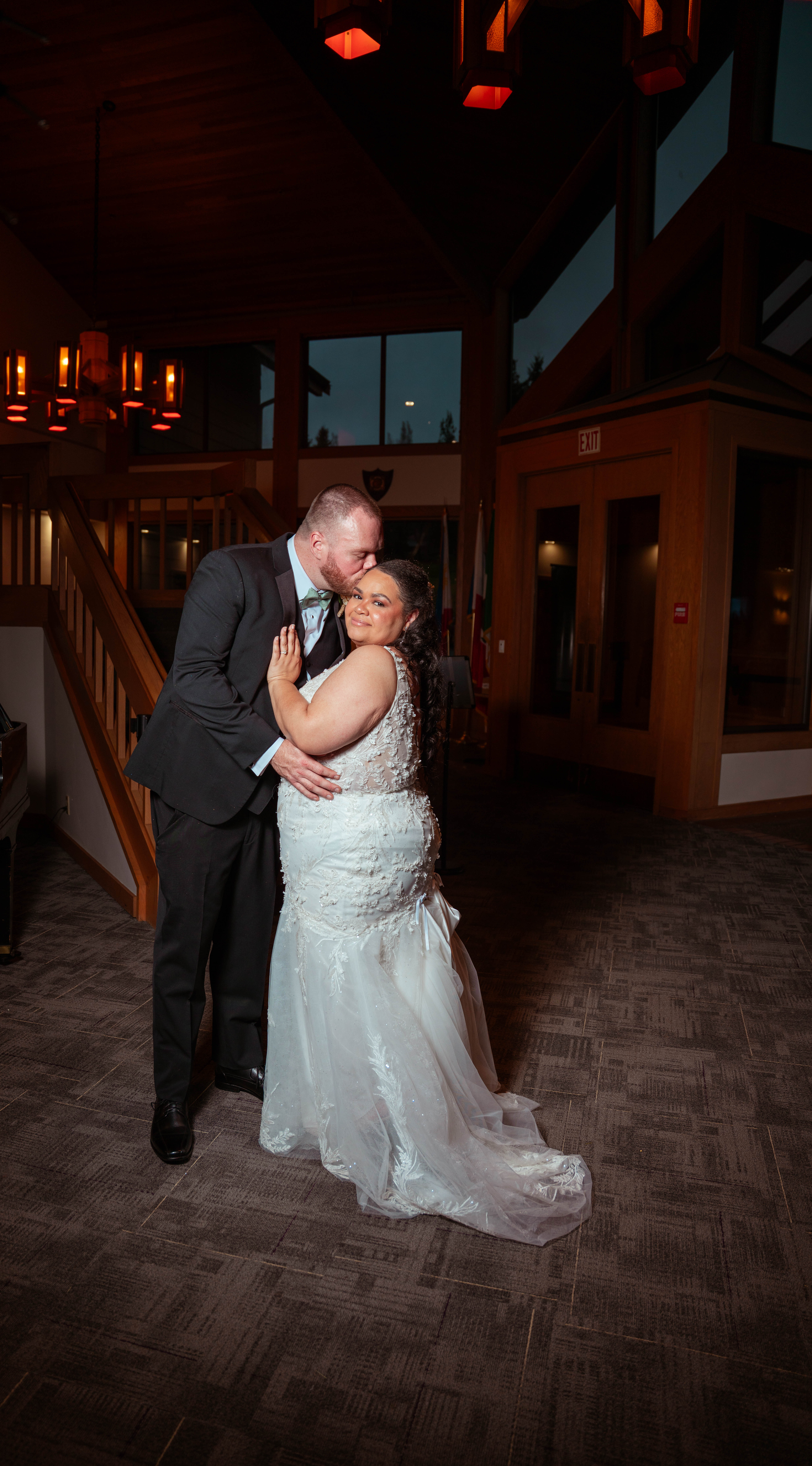 Wedding couple dancing indoors with lanterns at Snohomish County venue