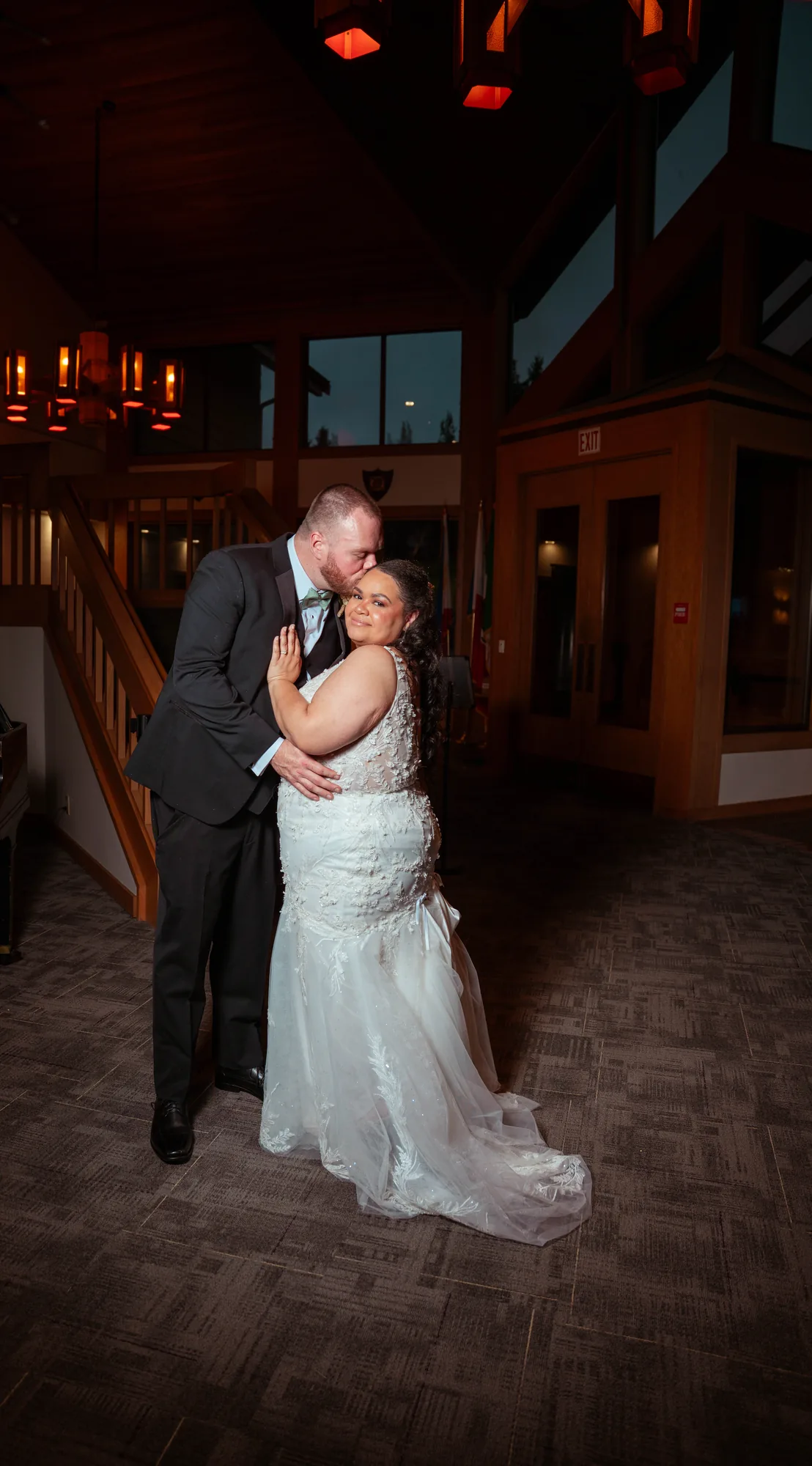 Wedding couple dancing indoors with lanterns at Snohomish County venue