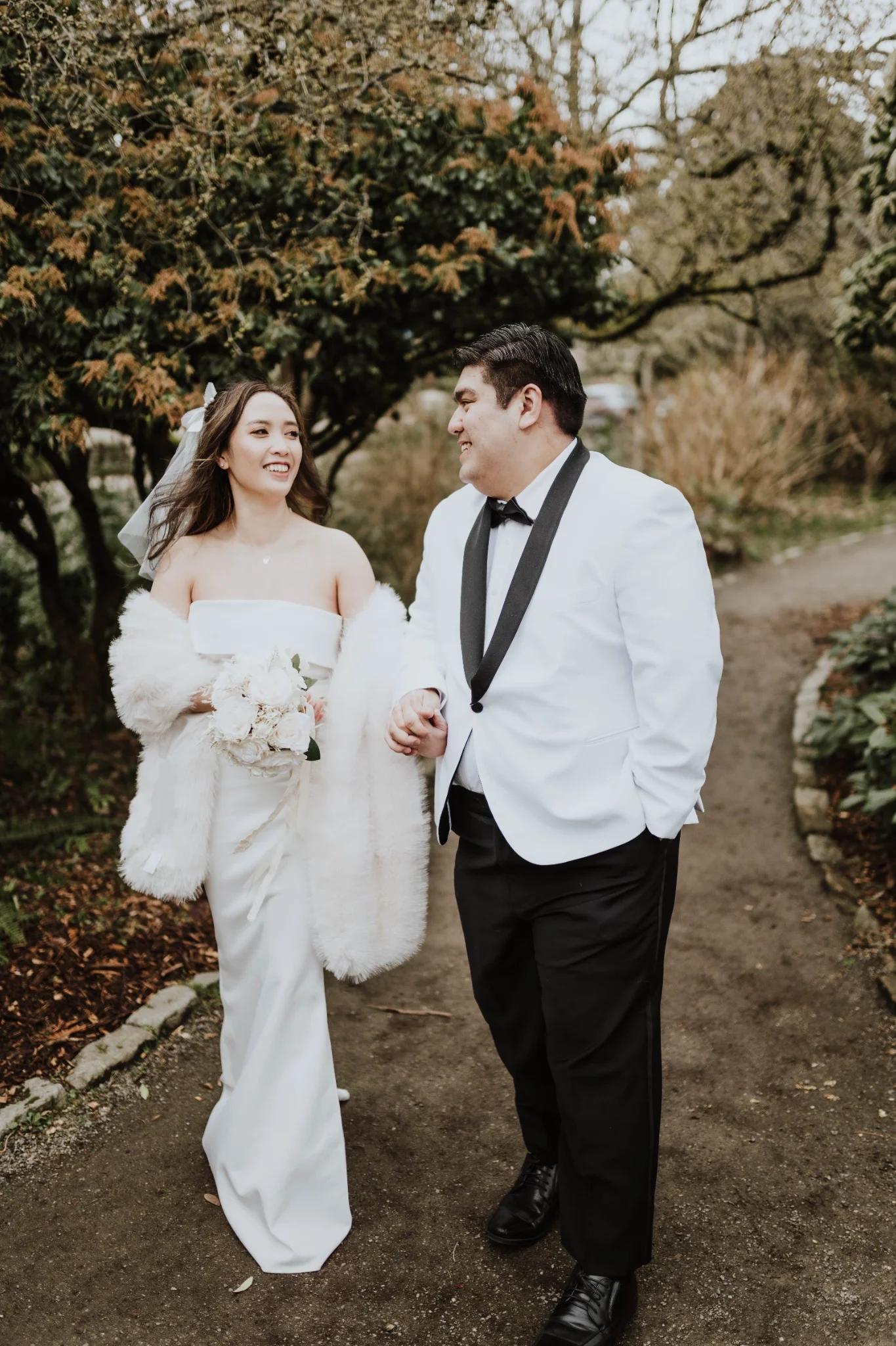 Bride and groom walking together