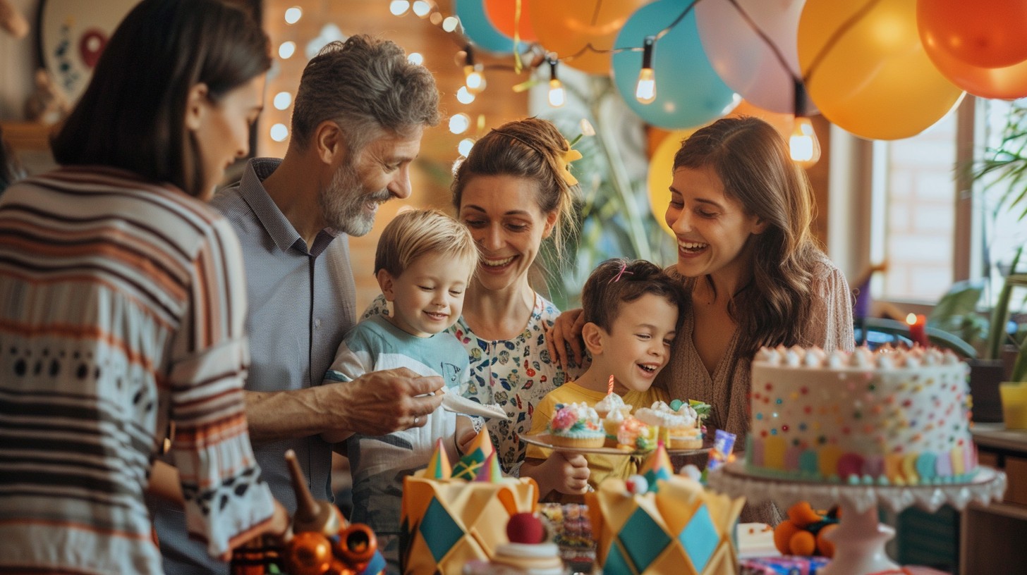 Family celebration with a decorated cake, colorful balloons, and joyful faces of all ages